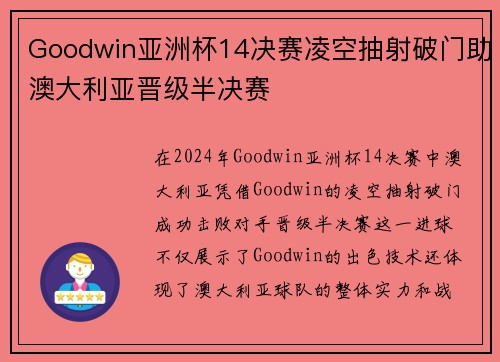Goodwin亚洲杯14决赛凌空抽射破门助澳大利亚晋级半决赛